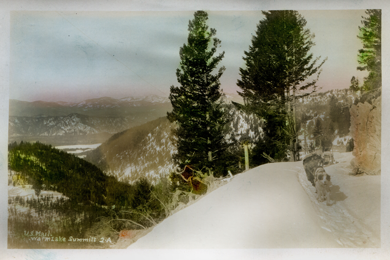 Tinted photo of US Mail on Dog Sled run at Warm Lake Summit